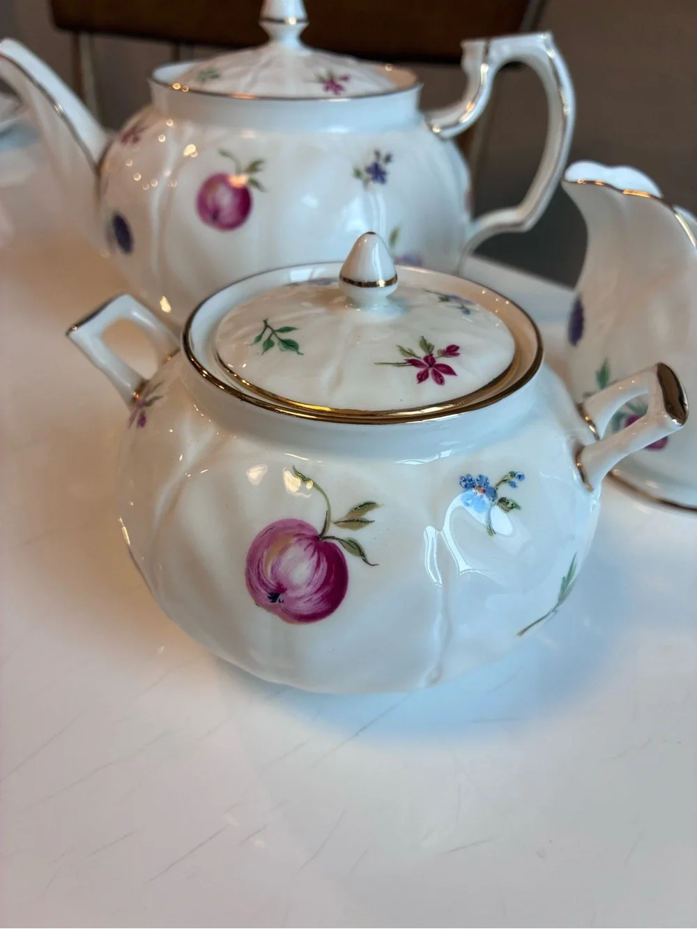 3 piece Aynsley Vintage Floral Porcelain Tea Set with Gold Trim